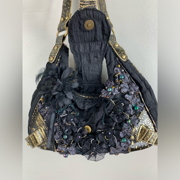 Vintage Y2K Mini Hand Black Bag with Jems, Beads and feathers | Festival… - Picture 5 of 12